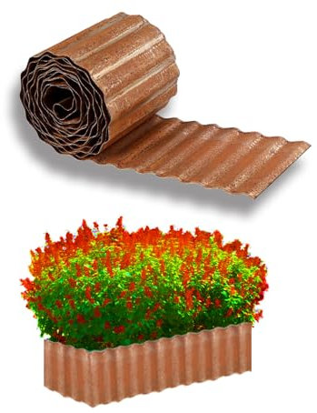 Garden Edging Border,6 Inch x 20 FT Metal Garden Edging,Galvanised Lawn Edging Corrugated Flexible Long Strips Garden Borders for Raised Flower Bed Tree Surrounds and Lawns - Brown