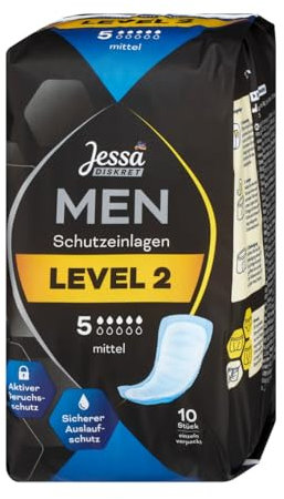 Jessa Diskret Men Einlagen Level 2 Mittel – Sicherer Schutz bei mittlerer Blasenschwäche, anatomische Passform, 10 Stück. Inkontinenzeinlagen Männer, Herren Inkontinenz