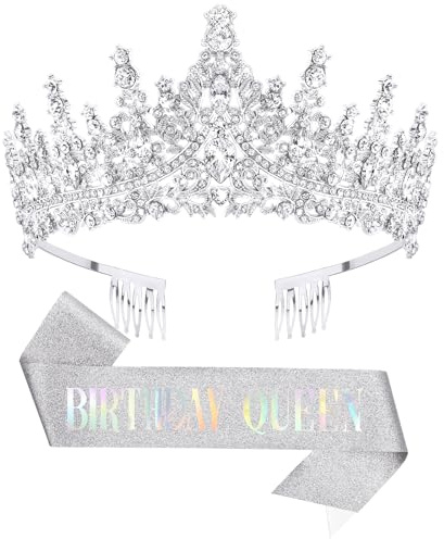 DRESHOW Couronne et Écharpe d'Anniversaire pour Femmes Couronne de Reine et Diadème en Strass Diadèmes et Écharpes d'Anniversaire pour filles Décorations d'Anniversaire Accessoires pour Cheveux