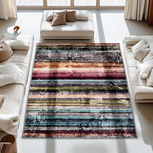 Carpido - Alfombra colorida para salón, dormitorio - Tejido plano suave para interior - Alfombra de pelo corto esponjoso - Diseño de rayas multicolor, 120 x 180 cm