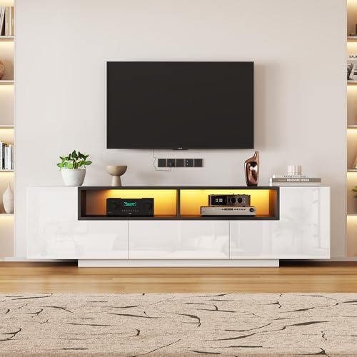 Goldicoo Mueble para TV con luz LED, 180 x 40 x 48 cm, color blanco brillante, tablero de partículas, forma de L con cajones, para televisores de 75 pulgadas, armario bajo de pie