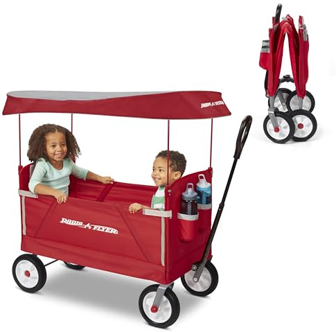 Radio Flyer 3-in-1 Off-Road EZ Fold Wagon with Canopy, for Kids 1.5+, 3-in-1 Push or Pull, with Bench Mode, One Hand Flat Fold, Off-Road Tires, DuraClean Fabric, Seat Belts, Stroller Wagon for Kids