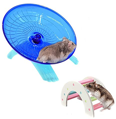 2 Pack Dwarf Hamster Flying Saucer Exercise Wheel Toy & Wood Rat Bridge Rainbow Climb-ABS Plastic Running & Jogging Silent Spinner-for Small Mouse Hedgehog Mice Cage