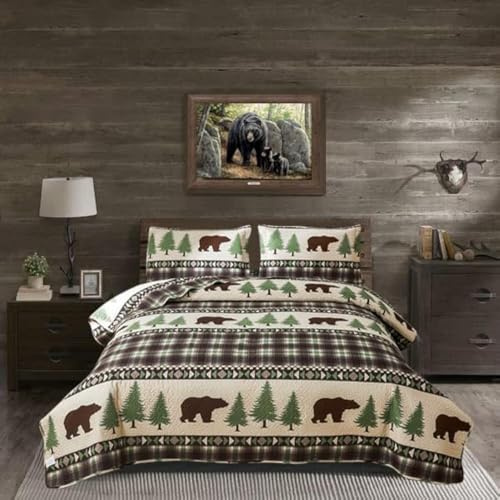 Quilt Set Queen Size Rustic Lodge Plaid Quilt Bed Spread Country Cabin Brown Bear Bedding Lightweight Reversible Quilts Home Bedspread Coverlet with 2 Pillow Shams