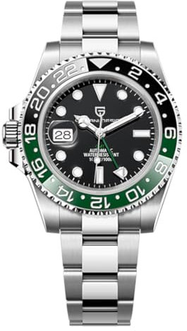 Pagani Design GMT Herren 40 mm Automatikuhr Saphirglas Edelstahl 100 Wasserbeständigkeit Analoguhr Mechanische Herrenuhren Geschenkuhr für Herren(Dunkelgrün-1)