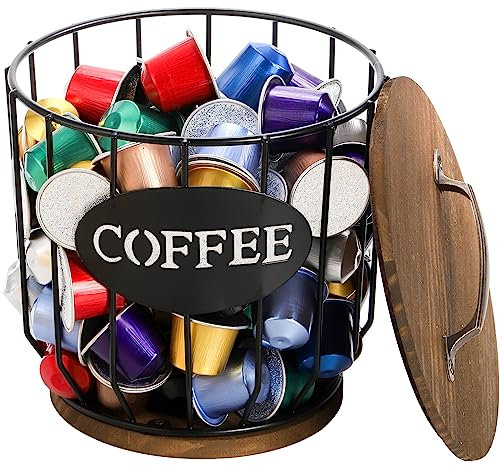 Yarlung Coffee Pod Holder With Lid - Large Capacity K Cup Filter Storage Basket With Rustic Wooden Base, Black Wire for Kitchen Countertop, Bar, Station Organizer