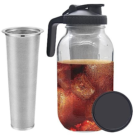 Mason Jar Pitcher, 1,8 l großes Einmachglas aus Glas mit Deckel und Entfernung aus Edelstahl, klarer Wasserkrug mit Griff, breiter Öffnung und Ausgießer, spülmaschinenfest, 2 Quart