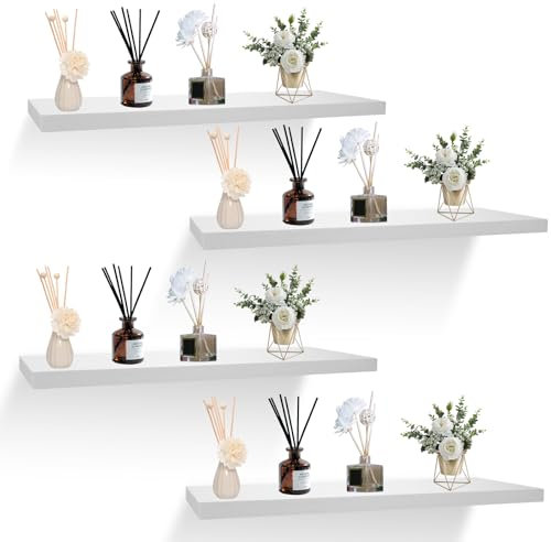 CYEER Floating Shelves Set of 4, White Display Storage Organiser Shelves, Solid Wood Invisible Wall Shelves for Office, Bedroom, Living Room and Kitchen Decoration Storage and Display 40x15x1.6CM