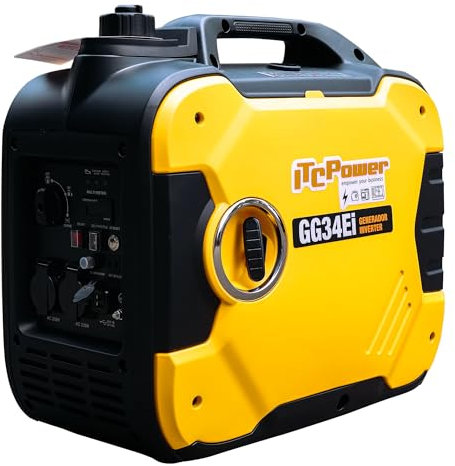 ITCPower Generador Inverter Gasolina GG34EI – Potencia 3400W Máx / 3200W Nominal – Arranque Manual y Eléctrico – 2 Tomas 16A – Bajo Ruido 64dBA – Portátil 27kg
