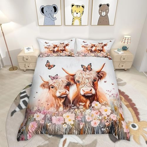 Homemissing Highland Cattle Duvet Cover Boys Girls Double Size Highland Cow Bedding Set For Kids Women Men Ultra Soft Animal Comforter Cover Set Western Decor Bedspread Room Decor Bedclothes Zipper