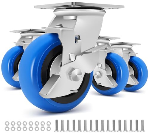 W B D WEIBIDA 5 Inch Heavy Duty Casters Set of 4, Smooth Rolling Caster Design for Cart Wheels, 3500 LBS Industrial Grade Castors with Upgraded Thickened Bracket, Durable Castors (4 Brake)