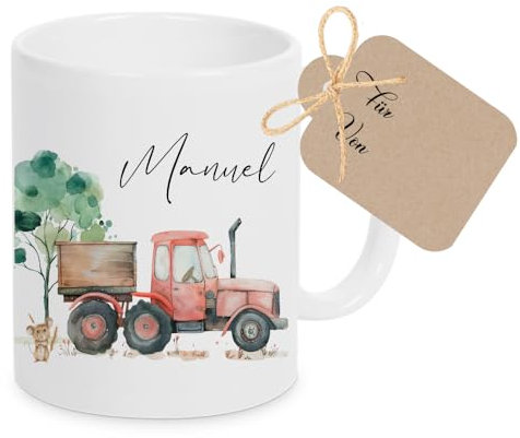 Manufaktur Liebevoll Tasse mit Namen Kinder Kindertasse mit Namen Becher Keramik Mädchen Junge Namenstasse Traktor Bauernhof Geschenk