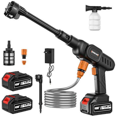 Hidrolimpiadora Bateria 50Bar, Pistola de Agua a presión con 2×40000 mAh Baterías, Boquilla 6 en 1 y Manguera 5m, Limpiador Agua Presion Bateria para Limpiar Coche, Terraza, Jardín
