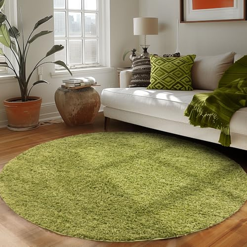 Runder Teppich Wohnzimmer Hochflor Einfarbiges Design Langflor Shaggy Modern Flauschig, Farbe: Grün, Größe: 120 cm Rund