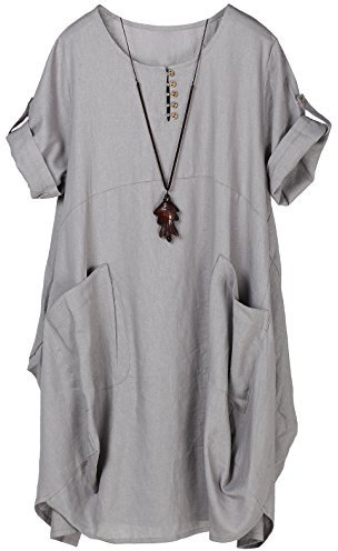 Tebreux Damen Tunika Kleid Sommer Baumwolle Leinen T-Shirt Midi Kleider Boho Lang Sommerkleider Grau X-Large