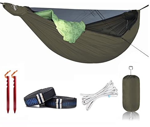 Onewind 3,4 m hängmatta med dragkedja med myggnät för camping, bärbar dubbelskiktad norr hängmatta med justerbar ridgeline för camping, vandring och backpacking, OD grön, liggunderlag