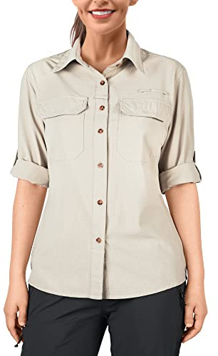 33,000ft Women's Hiking Shirts UPF50+ UV Protection Outdoor Shirt Quick Drying Casual Shirt Long Sleeve Functional Shirt Fishing Shirt for Walking Safari Travel Golf Light Khaki S