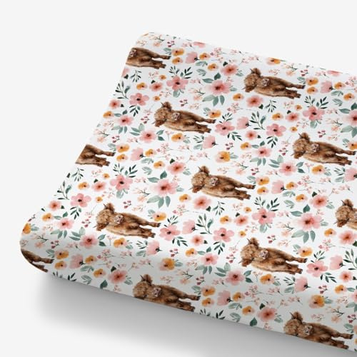 HawSkgFub Highland Cow Boho Floral Changing Pad Cover for Baby Girls, Western Farm Animal Retro Flower Diaper Change Table Covers, Soft Stretchy Safe Snug Fitted Changing Mat Sheet Fit 32/34 x 16