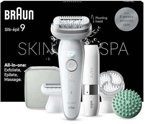 Braun Silk-épil 9 SkinSpa All-in-One Set, Epilierer Damen, Haarentferner für Langanhaltende Haarentfernung, Ladyshaver, Facespa Gesichtshaarentferner, 9-381, Weiß, Silber
