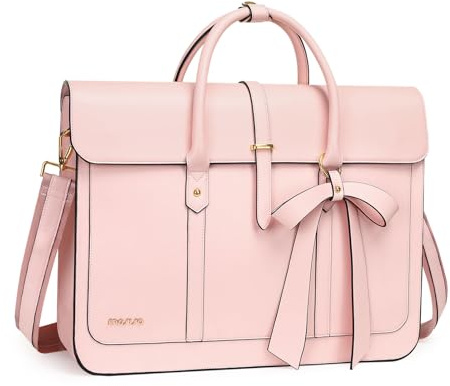 MOSISO Laptopväska för kvinnor, PU-läder, axelväska för bärbar dator, konvertibel ryggsäck, arbetsresa, med rosett, Rosa, 17.3 inch