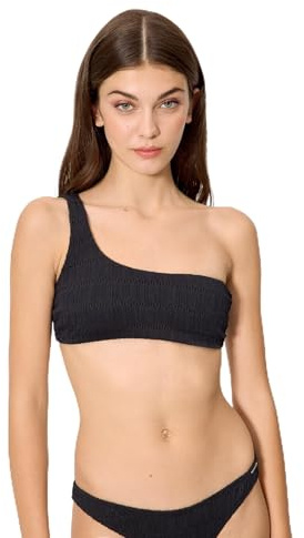 YSABEL MORA. Top Bikini Asimmetrico Testurizzato Nero Coppa B. Reggiseno Monospalla Senza Ferretto con Imbottitura Estraibile. Collezione Strawberry.