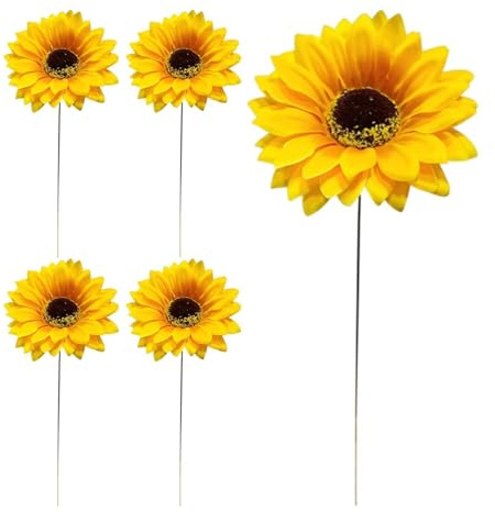 Decorative Sunflower Garden Stakes - 10x30cm Metal Silk Fabric Floral Picks Realistic Garden | Set of 5 Outdoor Flower Accessories for Lawn, Patio, Balcony, Garden Garden Decor