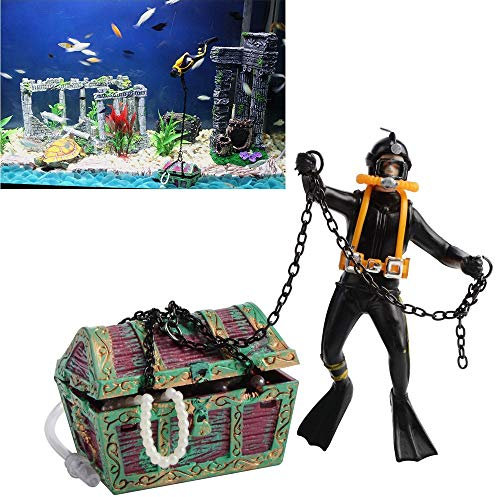 Bestgle Ornement d'Aquarium d'action, Plongeur de Coffre au Trésor sous-Marin, Décorations d'Aquarium d'Aération en Direct Noir