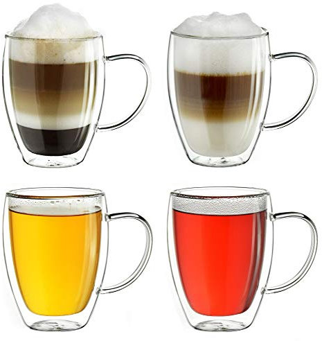 Creano doppelwandiges Thermoglas mit Henkel 400ml, großes Doppelwandglas aus Borosilikatglas, Kaffeegläser, Teegläser, Latte Gläser 4er Set