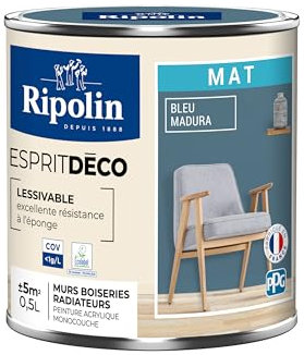 RIPOLIN - Peinture Intérieure Multi-Supports – Murs, Boiseries & Radiateurs – Ultra Couvrante – Lessivable – Application Facile – Ecolabel - Aspect Mat - 0,5L - Bleu Madura