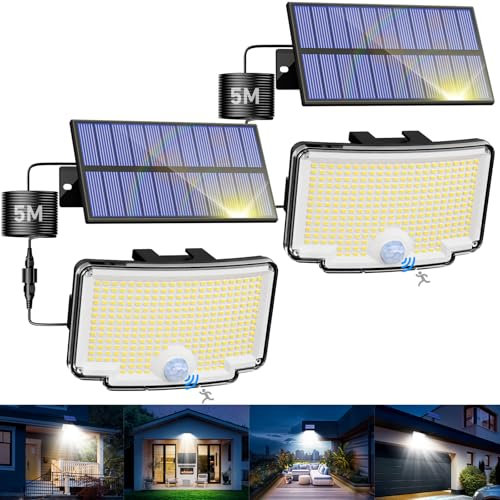 nipify Focos Led Exterior Solares, Luz Solar con Sensor de Movimiento, 318 LEDs/3 Modos, Impermeable Potente Lampara Solar para Jardín, Garajes, Caminos, 2 Paquete Blanco Frío