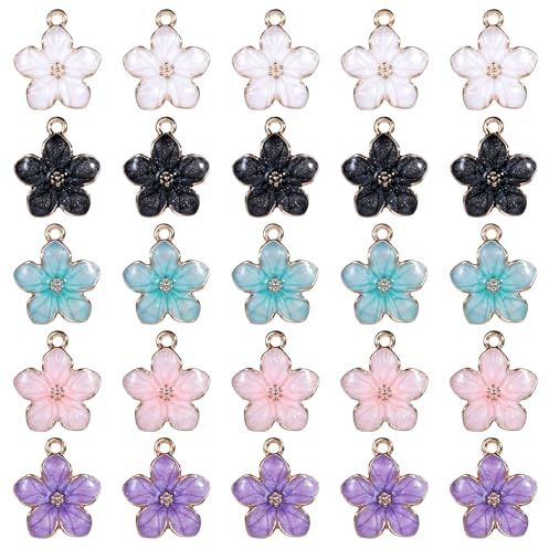 25PCS Flower Charms, 5 Colors Flower Pendant, Enamel Charms for Jewelry Making, Colorful Alloy Pendants for Necklaces, Bracelets, Anklets, Earrings and DIY Crafts (Pink, Purple, Blue, White, Black)