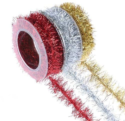 Guirnalda de Oropel, Guirnaldas de Espumillón de Navidad, Guirnalda arbol Navidad, Navidades Decoración Guirnaldas, Cinta de árbol de Navidades de Oropel Fino Brillante para Navideño(3 Colores)