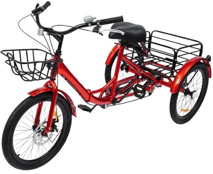 Mqwdxzfes 20 Zoll Faltbares Dreirad für Erwachsene, 7-Gang 3-Rad Fahrrad mit Vor- und Rückkorb, Schloss & Verstellbarer Sitz, Einkauffahrrad Seniorenfahrrad für Einkaufen, Freizeit, Sport (Rot)