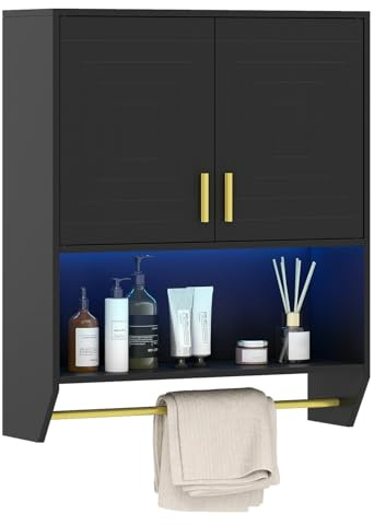 COSTWAY Bathroom Wall Cabinet with 3-Color LED Lights, Over-The-Toilet Storage Cupboard with Double Door, Open/Adjustable Shelf & Towel Bar, Wooden Bathroom Unit Wall Mounted Medicine Cabinet (Black)