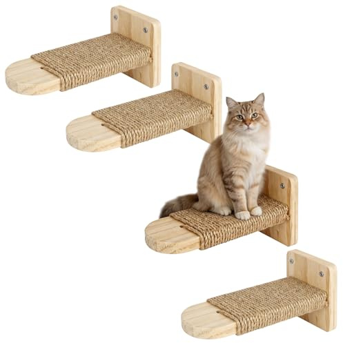 HA Bin Escalier pour Chat 4 Pièces, Mur d’Escalade pour Chats avec Corde en Jute, Bois Massif, Réglable, Gain de Place, Stable pour Grimper et Jouer