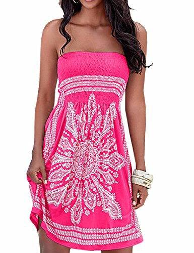 EMMA Verano sin Tirantes de Hombro Mujer Bohemia Falda Casual Estampado Floral Colorido Mini Vestidos de Playa, (RO,S)