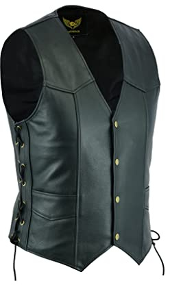 Leatherick Herrar premium topp korrat oxläder klassisk motorcykelväst med snörning på sidan, svart stl. Svart