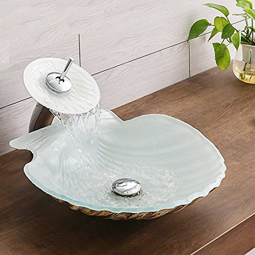 Lavabo Vasque en Verre Trempé Blanc Coquillages, Petit Lavabo De Bureau à Domicile, avec Robinet Cascade À Poser La Salle De Bain Et Drain Escamotable, 17,72 X 4,72 X 0,47 Pouces