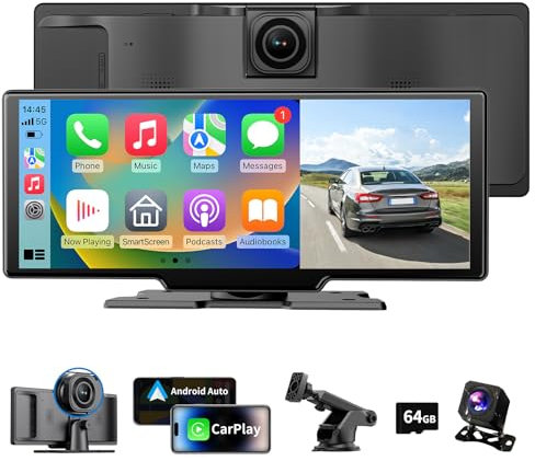 10,26 Zoll 4K Wireless Carplay Display Android Auto Display,Autoradio Kabelloses Carplay Bildschirm,Android Auto Bildschirm mit AUX/FM,Dash Cam,Rückfahrkamera,Mirror Link,Bluetooth für alle Fahrzeuge