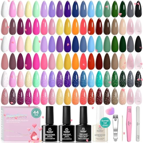 beetles Gel Polish Juego de 44 uñas, 36 colores de gel UV con capa base brillante mate y capa superior de gel con purpurina, rosa neón, rojo, verde, azul gelatina, nude, colección Vivid Seasons