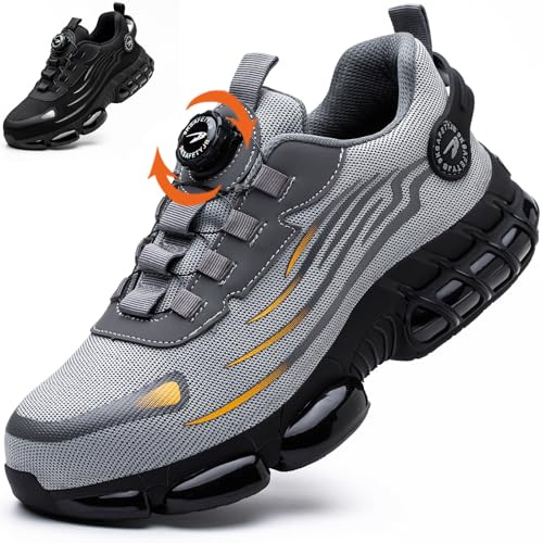 Safety Trainers, Steel Toe Safety Shoes Men Women, Comfortable Lightweight Work Shoes, Upgraded Swivel Buckle Shoelaces, Non Slip Work Trainers with Air Cushion Grey