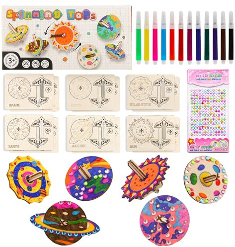 12PC Holzkreisel Bausatz Kinder- Einfärbung und Basteln Kreisel für Kinder Kindergeburtstag basteln- Kreativ Spielzeug Geschenk - DIY Bausatz Holz für Halloween