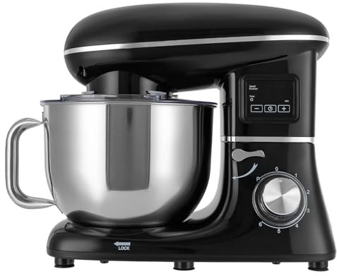 Robot de cocina, amasadora, robot de cocina de 6 velocidades, batidora de tartas de 6,2 L, batidora con batidor, gancho para amasar, adecuado para hornear, pasteles, LCD de 1500 W (negro)
