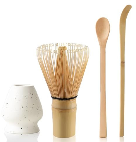 Matcha Tee Set mit Bambus Matcha Besen und Matcha Löffel, Keramik Matcha Schneebesen Halter Matcha Besen Set(Weiß)