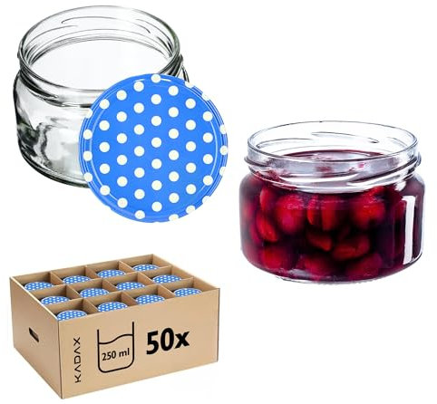 KADAX Juego de 50 tarros de mermelada de 250 ml con tapa de rosca de 82 mm de diámetro, herméticos, aptos para lavavajillas, ideales para mermelada, chutneys, verduras en escabeche, carne, pasteles y