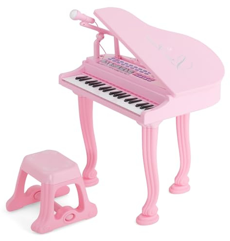 KOMFOTTEU Clavier 37 Touches Enfants 3 Ans+, Microphone &Tabouret, Rose