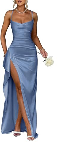 Vtorliya Women's Satin Spaghetti Strap Bridesmaid Dresses Long Pleated Prom Dress Formal Evening Gowns with Slit Dusty Blue