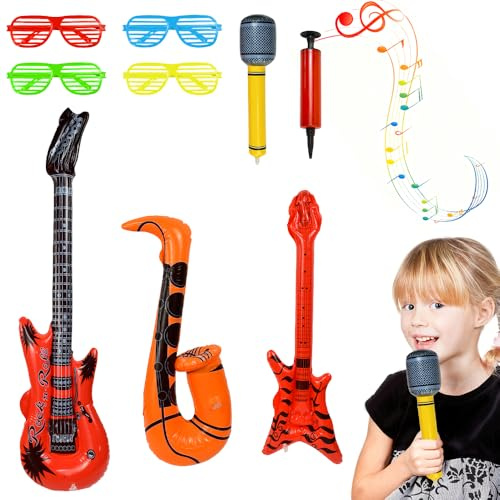 Byfoyif 9PCS Instrumentos Inflables Rock, Incluye Bajo, Guitarra, Saxofón, Micrófono ,4 Gafas y Bomba de Aire, Instrumentos Musicales Hinchables para Cumpleaños,Fiestas,Música Carnavales y Photobooth