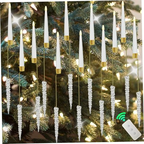 CAKEEYUM 12 st julgransljus, LED avsmalnande flamlösa flimrande ljus med kristallkrokar, varmt vitt ljus för hemmafest inomhus julgransljus, flamlös, F