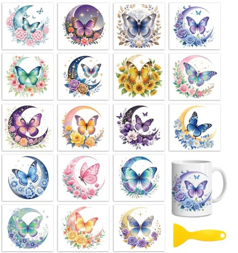 Peacoblue Moon and Butterfly Rub On Transfers for Craft, Transfer Sticker | 18 Sheets UV DTF Transfers, Waterproof Rub On Decals for Wood, Glass, Furniture, Tumblers & Home Decor Crafts
